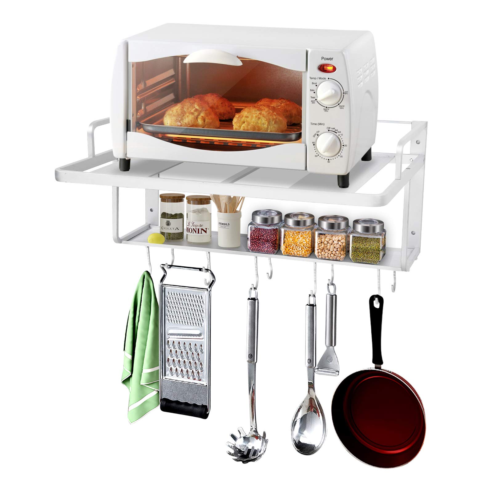 Double Layer Microwave Shelf, Wall Mounted Aluminum Hanging Microwave Oven Rack, Kitchen Bracket with Protective Rail, 21.6 X 15.1 X 9.84in