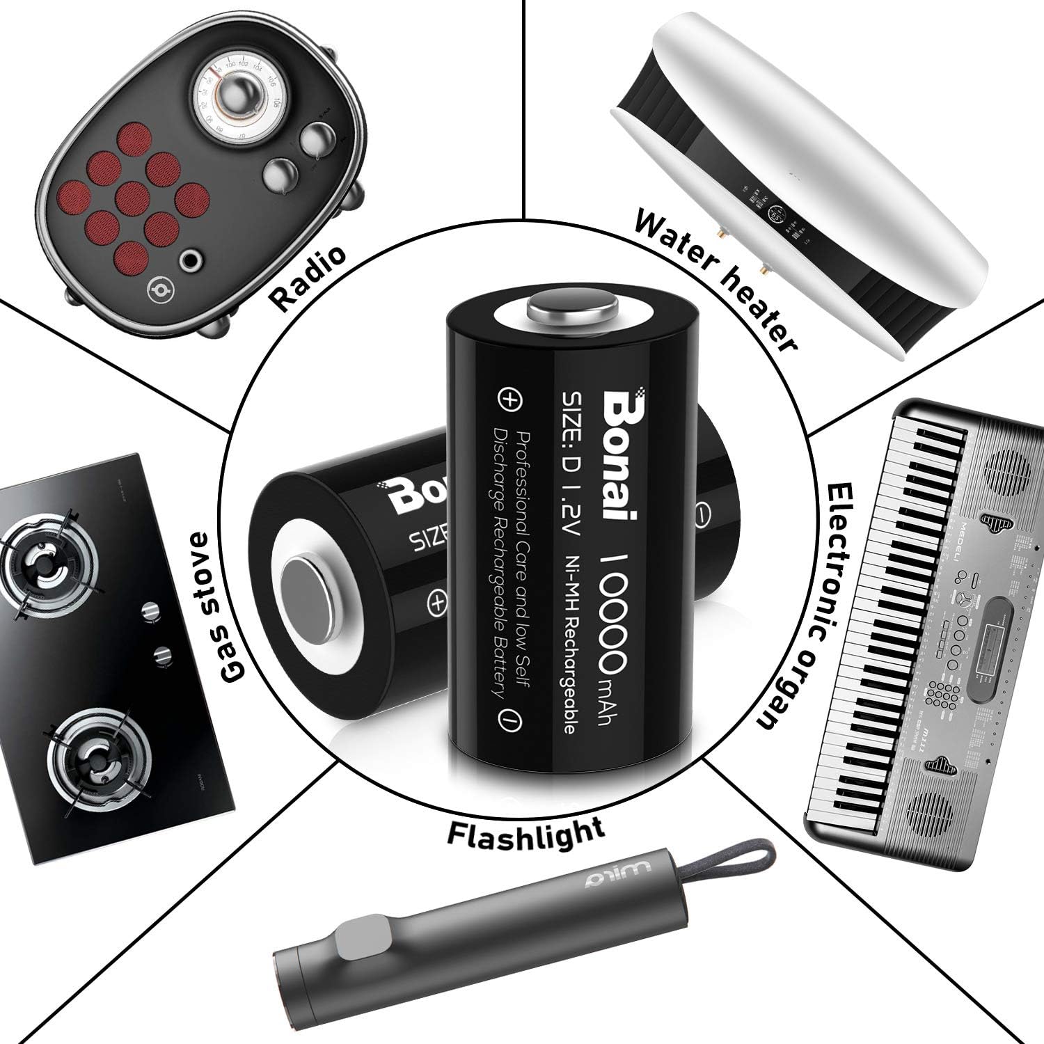 BONAI Rechargeable Batteries D LR20 10000mAh Ni-MH 1.2V Accu, Type D Baby D LR20 Rechargeable Battery 1200 Cycles - Image 4