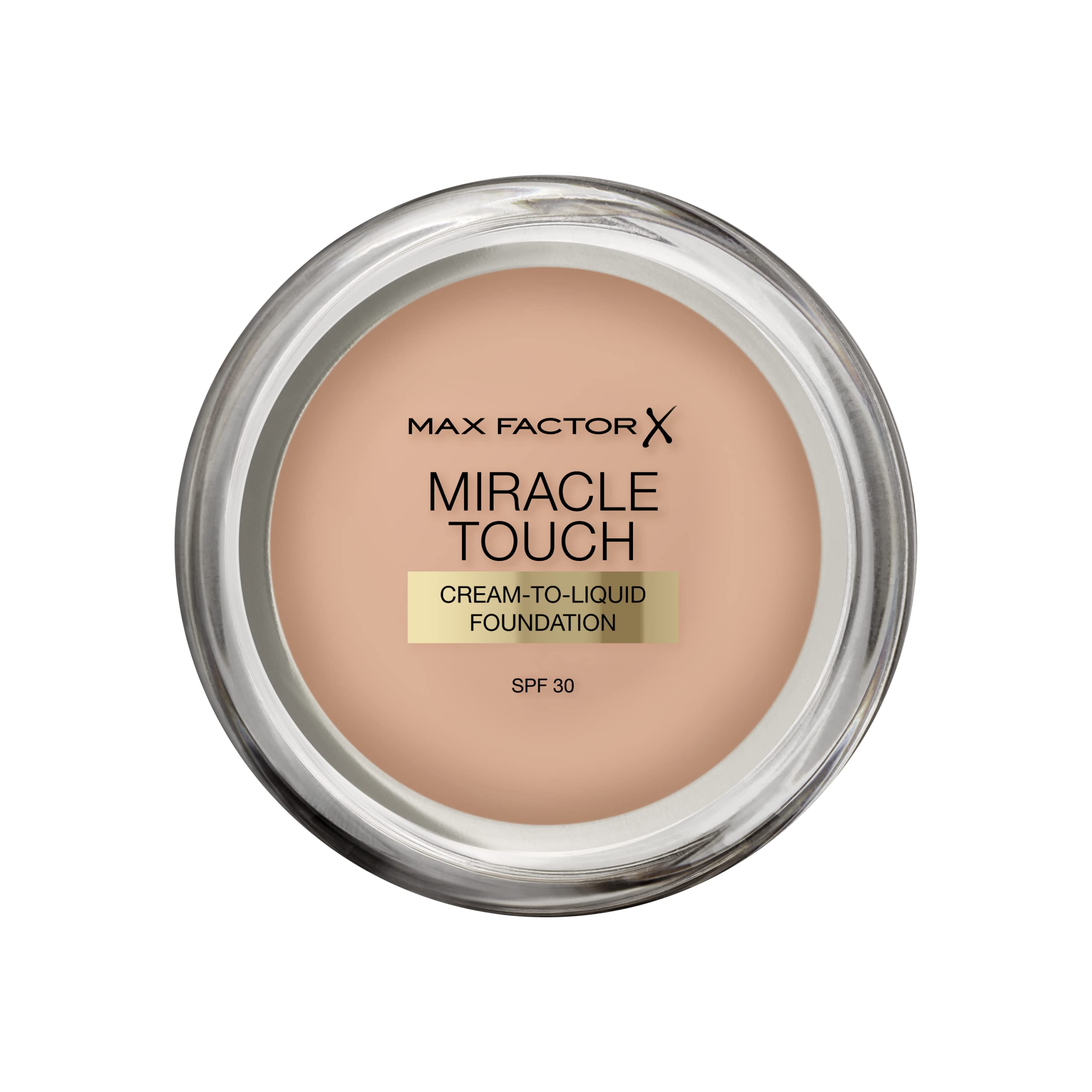Max Factor Miracle Touch Perfecting Foundation, Warm Almond, Full Coverage, Lightweight and Moisturising Effect with Hyaluronic Acid and SPF 30 Formula, 11.5 g