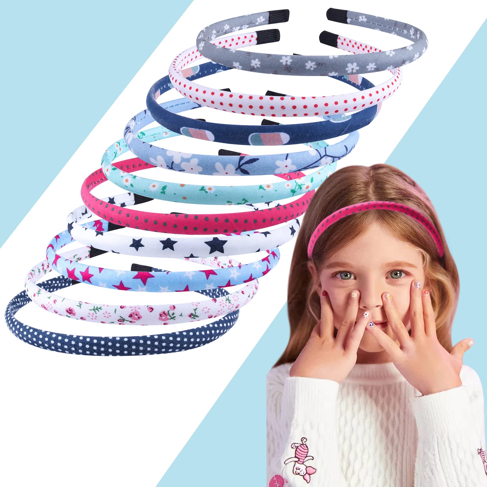 Candygirl 10 Pieces Alice Band Girls Headbands Floral Fabric Blue Head Bands for Girl Flower Headband for Kids Polka Dots Heart Covered Blue Hairbands