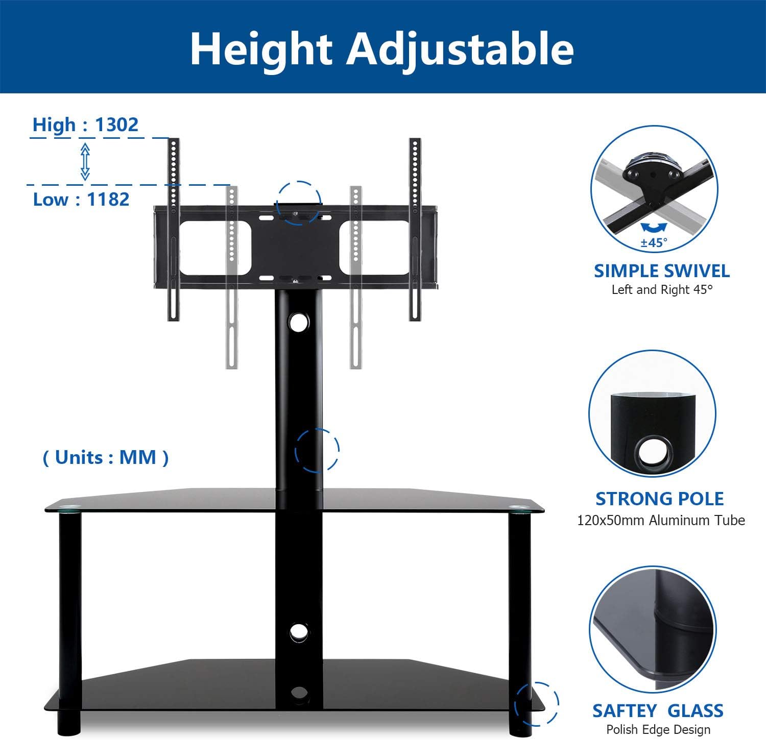 Meuble TV Dripex Avec Support Réglable LED - Pour Télés 32-70 Pouces, Étagères Bois Et Métal