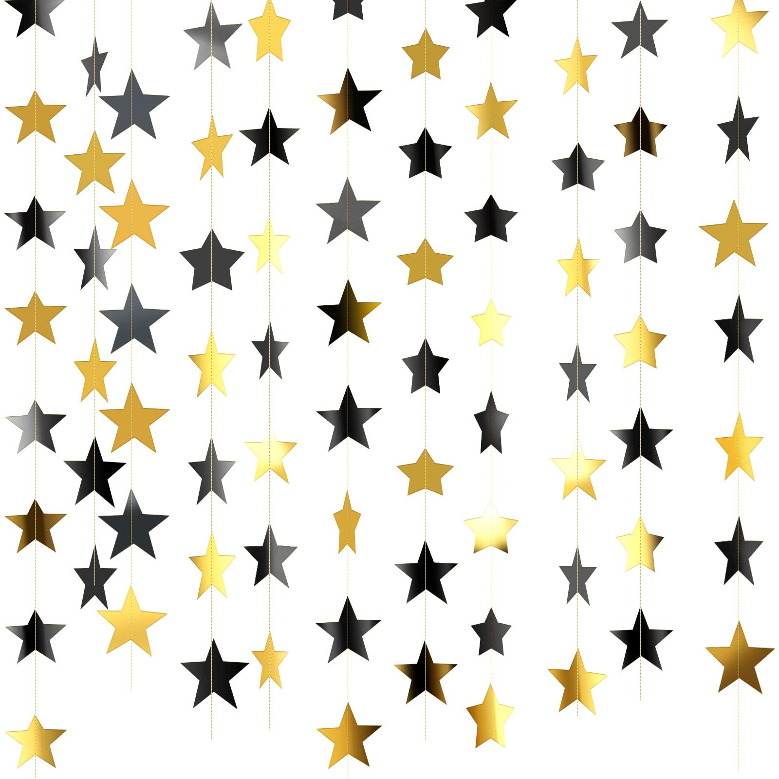 Photo 1 of Patelai Glitter Star Garland Banner Decor 130 Feet Star Hanging Bunting Banner Twinkle Backdrop for Classroom Baby Shower Wedding Birthday Christmas Party Supplies(Black, Gold)