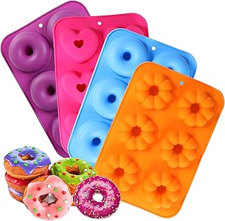 DMAIPUK Silikon Donut Formen, Runde, Herzförmig und Blumen-Donut-Formen Backform, 4 Stück, antihaftbeschichtet, 260 Grad Wärmebeständigkei, ideal für Kekse, Bagels, Muffins (6 Hohlräume)