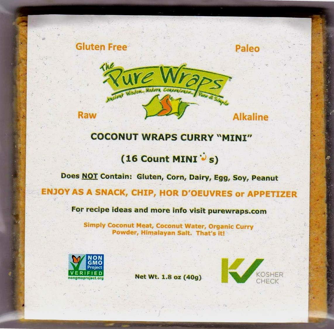 Pure Wraps, Paleo Coconut Wraps Curry Flavor, 48 count (3 Packs of 16 Wraps Snack Pack)