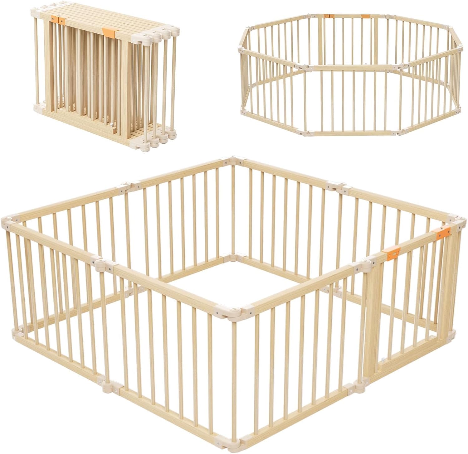 Baby Playpen, Wooden Playpen For Babies and Toddlers, Foldable Play Yard with Gate, 8 Panels Baby Fence, Indoor Play Area, Child Activity Center