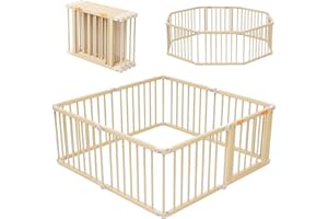 Baby Playpen, Wooden Playpen For Babies and Toddlers, Foldable Play Yard with Gate, 8 Panels Baby Fence, Indoor Play Area, Ch