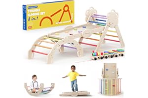 COSYLAND Pikler Triangle Set 8 in 1 - Adjustable 3-Level Montessori Climbing Toys for Toddlers 18M-6Y, Foldable Wooden Indoor Jungle Gym & Playground with Train Toy & Gift Box, Rainbow