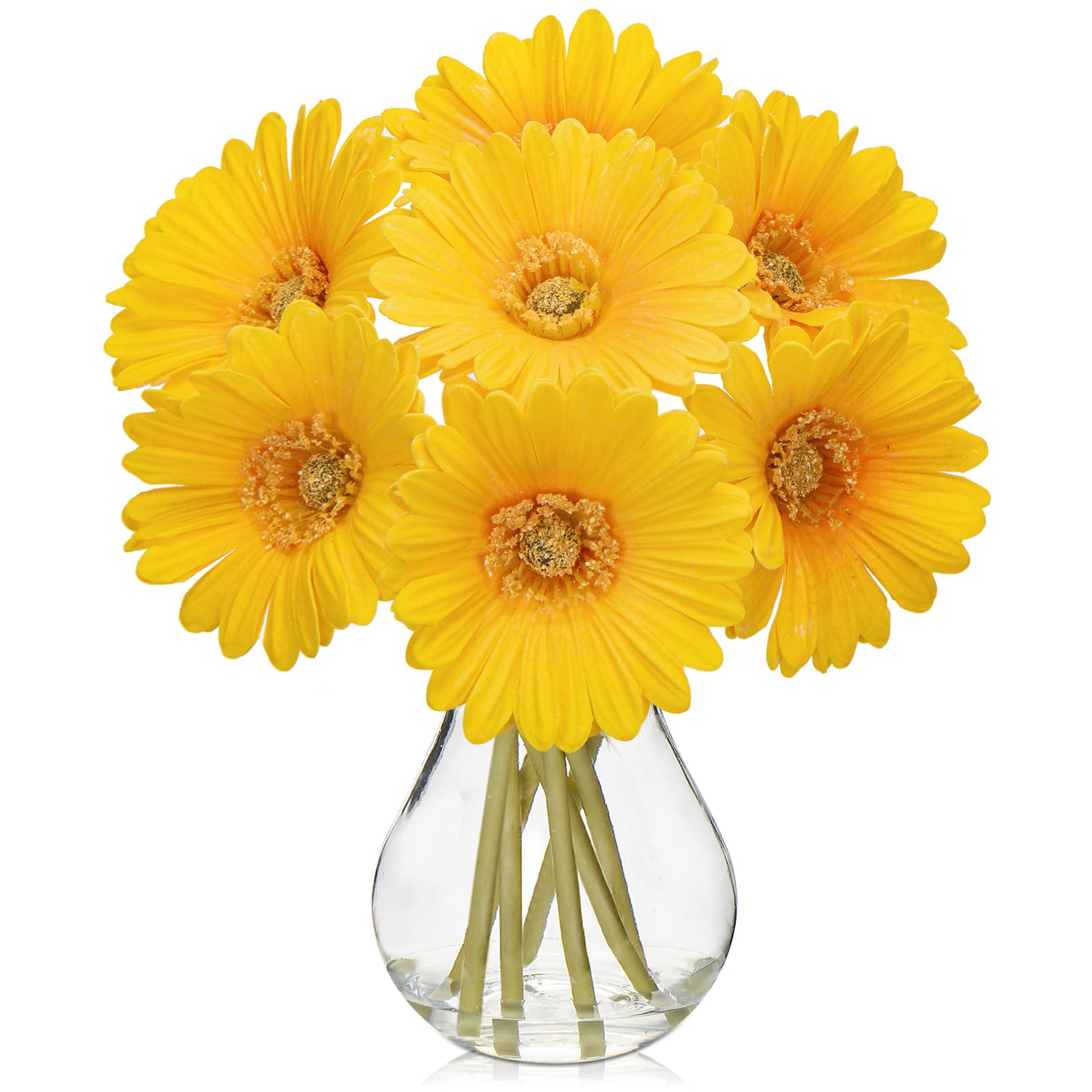 7 pcs Artificial African Daisies with Glass Vase, Small Fake Flowers in Vase with Faux Water, Yellow Artificial Gerbera for Home Office Bathroom Living Room Party Wedding Centerpiece Decorations