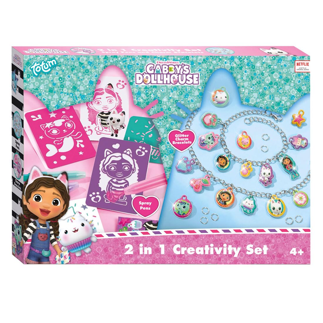 Totum Gabby's Dollhouse Craft Set 2 in 1 Glitter Charm Bracelets & Blow Pens Set, Pink