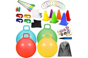 DHXGON 58PCS Carnival Outdoor Games Combo Set,17.7IN Hopper Balls with Handle,Egg Spoon Relay Race,Soft Plastic Cones Bean Bags Ring Toss Game,3 Legged Race for Family Reunion Outside Field Day Easter Games