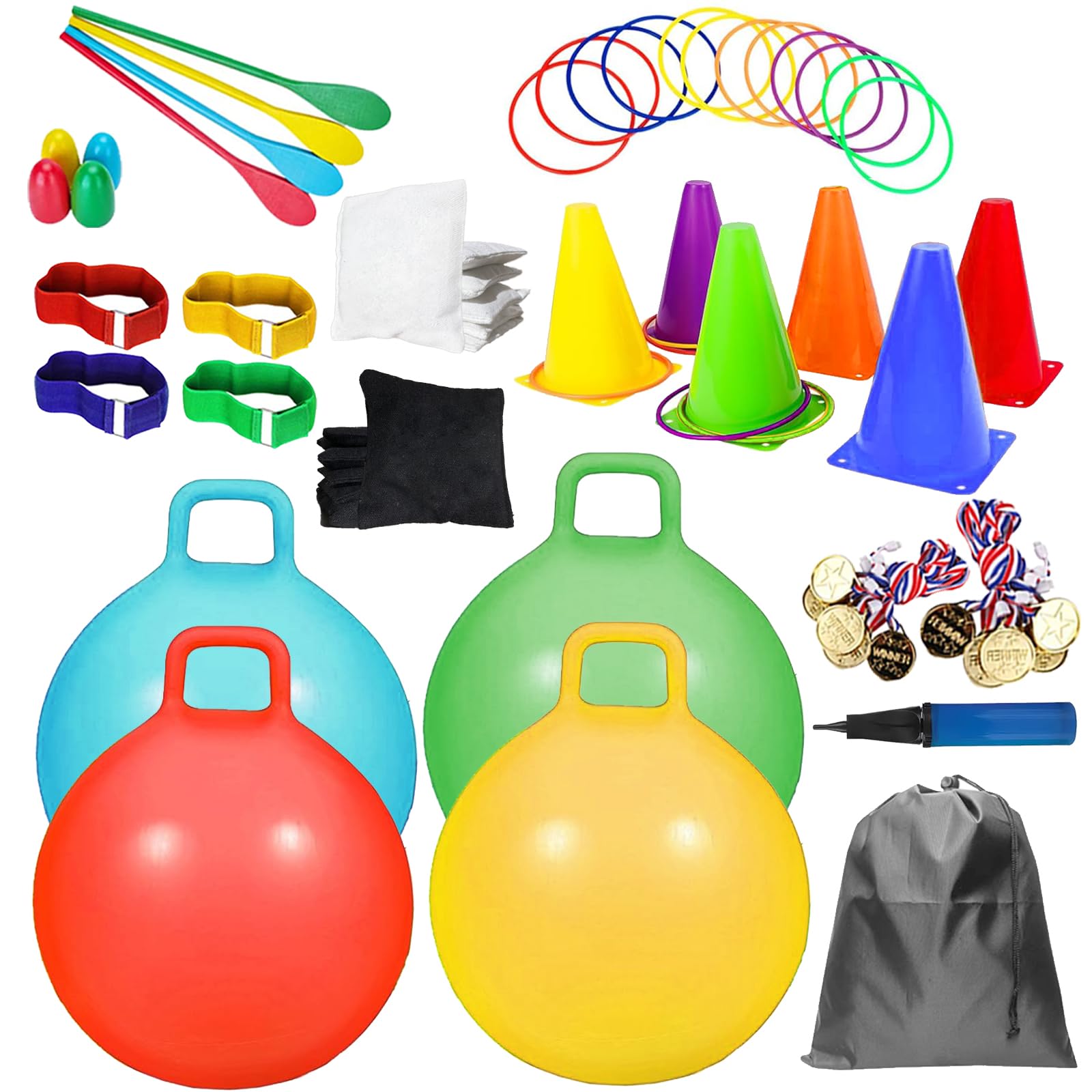 Photo 1 of 58PCS Carnival Outdoor Games Combo Set,17.7IN Hopper Balls with Handle,Egg Spoon Relay Race,Soft Plastic Cones Bean Bags Ring Toss Game,3 Legged Race for Family Reunion Outside Field Day Easter Games
