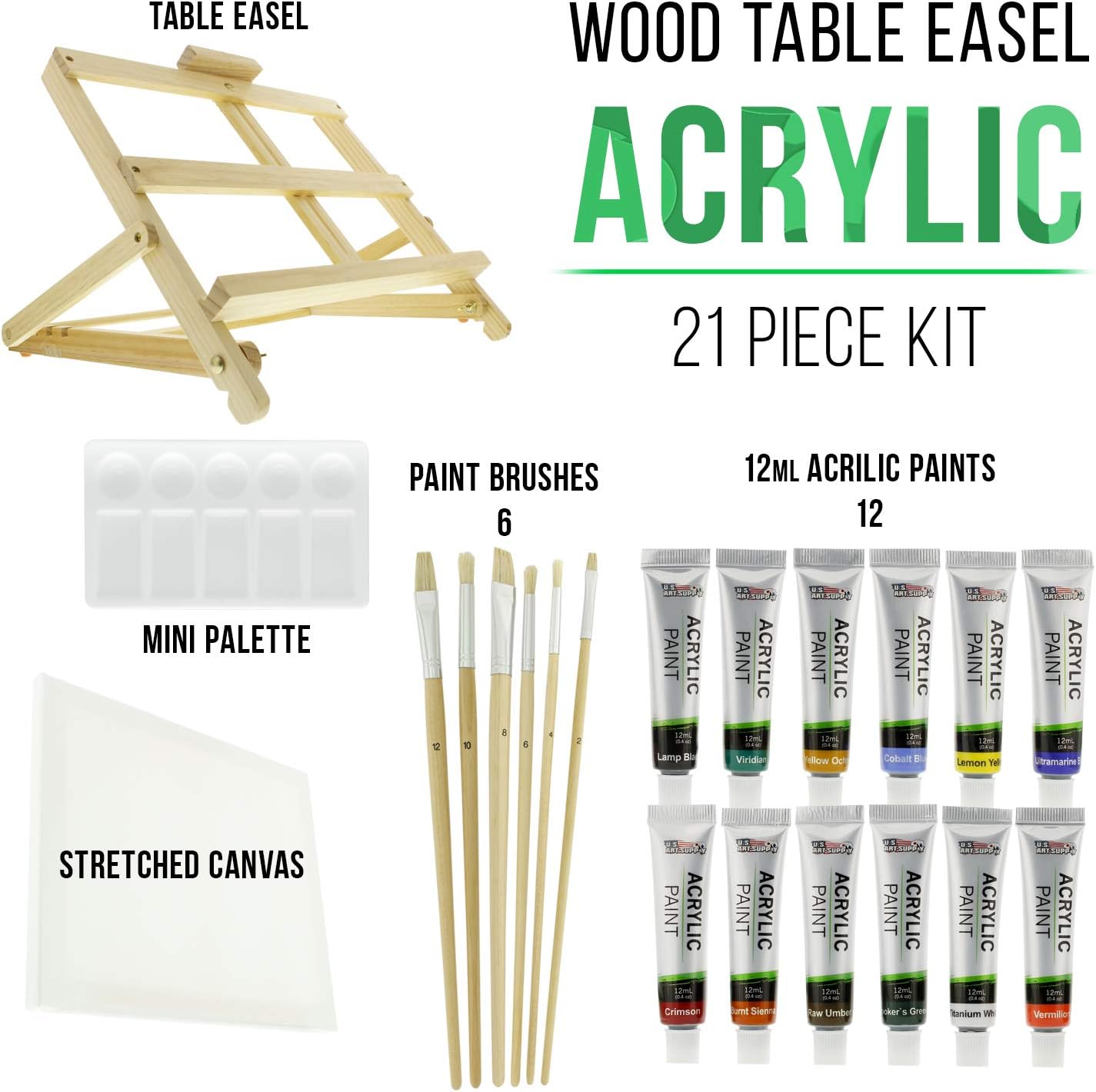 US Art Supply 21-Piece Acrylic Painting Table Easel Set with, 12-Tubes Acrylic Painting Colors, 11"x14" Stretched Canvas, 6 Artist Brushes, Plastic Palette with 10 Wells