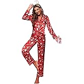 Ekouaer Womens Satin Pajama Set Classic Pattern Silky Pj Sets Button Down Sleepwear Loungewear