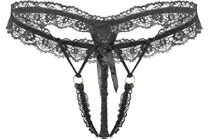 Yeahdor Men Lace See-Through Bowknot Sissy Panties Hollow Out Bikini Briefs Strappy T-Back Underwear