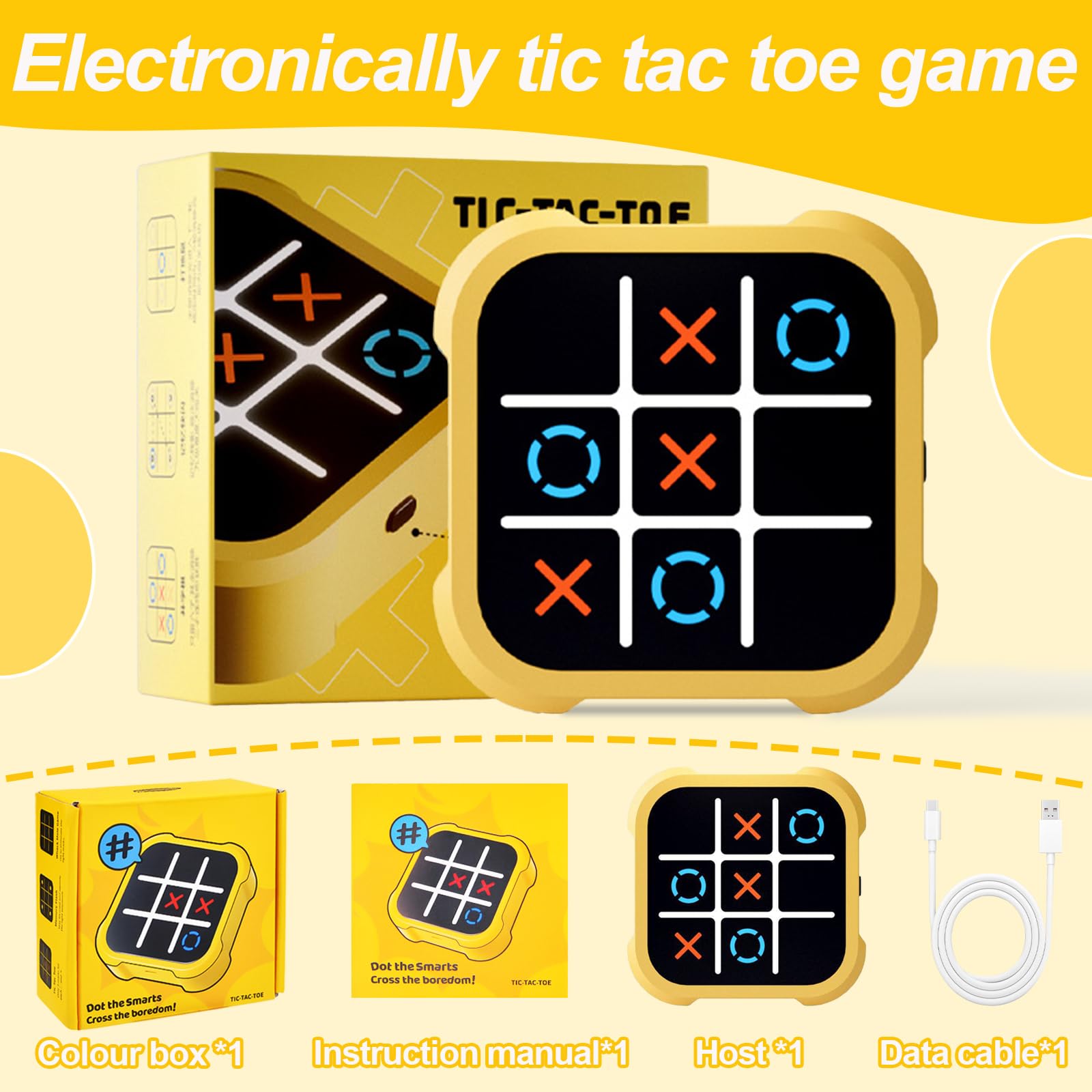 Tic Tac Toe Elektronisch, Elektronisch Tic-Tac-Toe Bolt Spiel, 3-In-1-Puzzlespielkonsole, Zappelspielzeug-Brettspiele, Brettspiel Familietragbare Reisespiele FüR Bildung 3+ Jährige Jungs (Yellow) 6