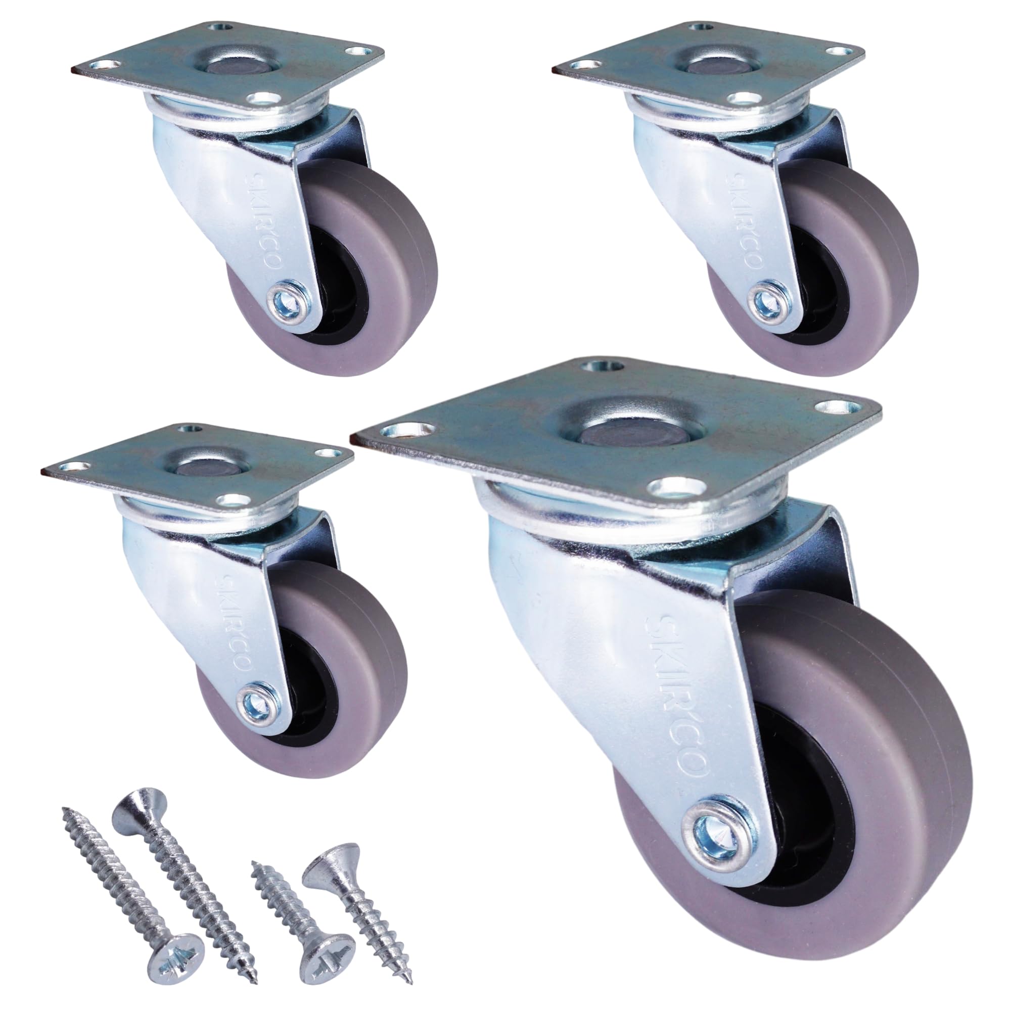 SKIR'CO (4 pcs) 40 mm Furniture Castors, Swivel Wheels, Grey Rubber Casters with Metal Mounting Plate, Screws Included