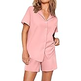 Ekouaer Womens Ribbed Knit Pajama Set Short Sleeve Soft Comfy Pj Set 2 Piece Lounge Set with Pockets Sleepwear S-XXL