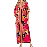 Eddoyee Women Long Print Swimwear Cover Up Sexy V Neck Side Split Beach Caftans Lounge Dresses