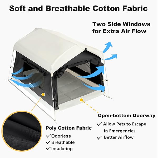 DOG TENT COTTON FABRIC, ALUMINUM POLES AND CAMPING MAT, OUTDOOR WEATHERPROOF, DOG HOUSE OUTDOOR, BREATHABLE WITH 2 SIDE WINDOWS, PORTABLE AND COLLAPSIBLE (BLACK, LARGE)