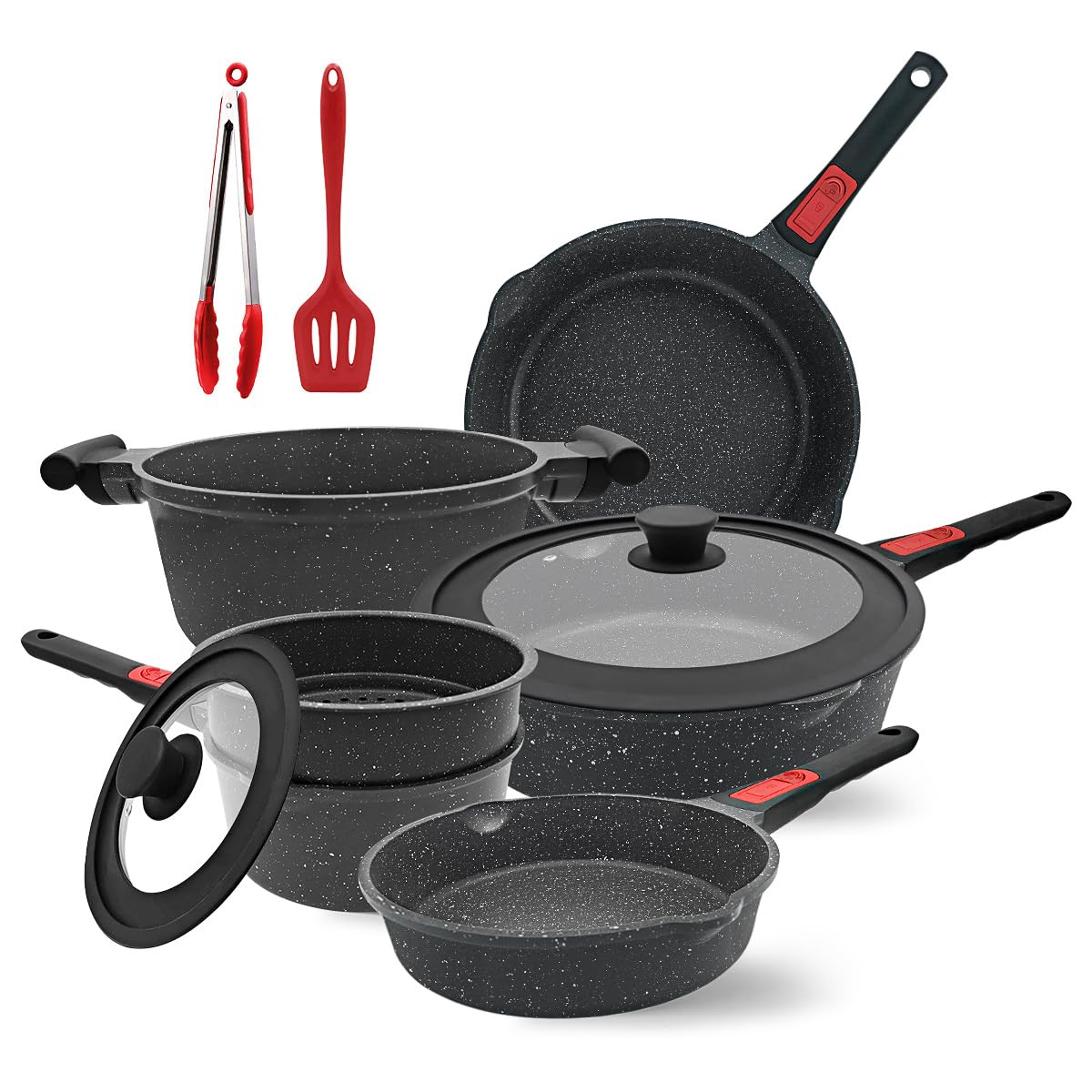 Photo 1 of * MISSING UTENSILSAIKENBBKK 10 Pcs Pots and Pans Set Nonstick, Cast Aluminum Kitchen Cookware Set with Lid/Frying Pans & Saucepans with Detachable Handle, Oven Safe (Black)