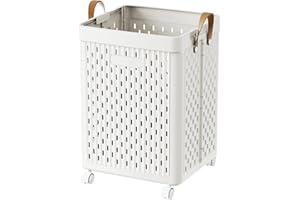 UAK 61L Laundry Basket with Wheels, Collapsible Plastic Laundry Hamper with Handle, Foldable Laundry Basket Organizer for Laundry and Bathroom (‌White)