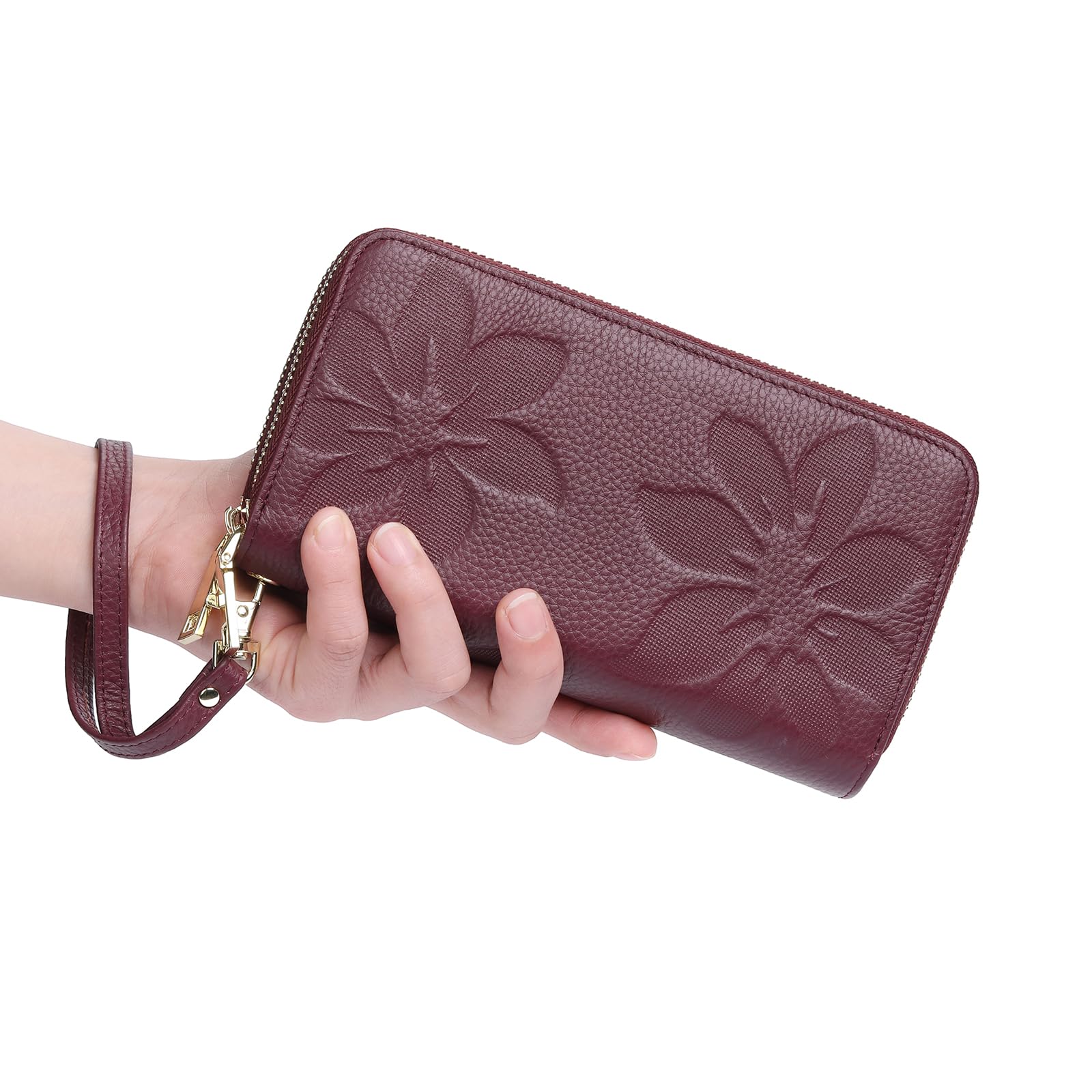 GOIACII Women's Wallet Large Capacity Double Zip Ladies Card Phone Holder RFID Blocking Wristlet Leather