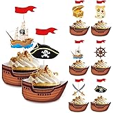 108 PCS Pirate Cupcake Toppers Pirate Ship Cake Borders Nautical Sailing Theme Cake Picks Skull Cap Halloween Party Decorations for Kids Birthday Baby Shower Decor Supplies