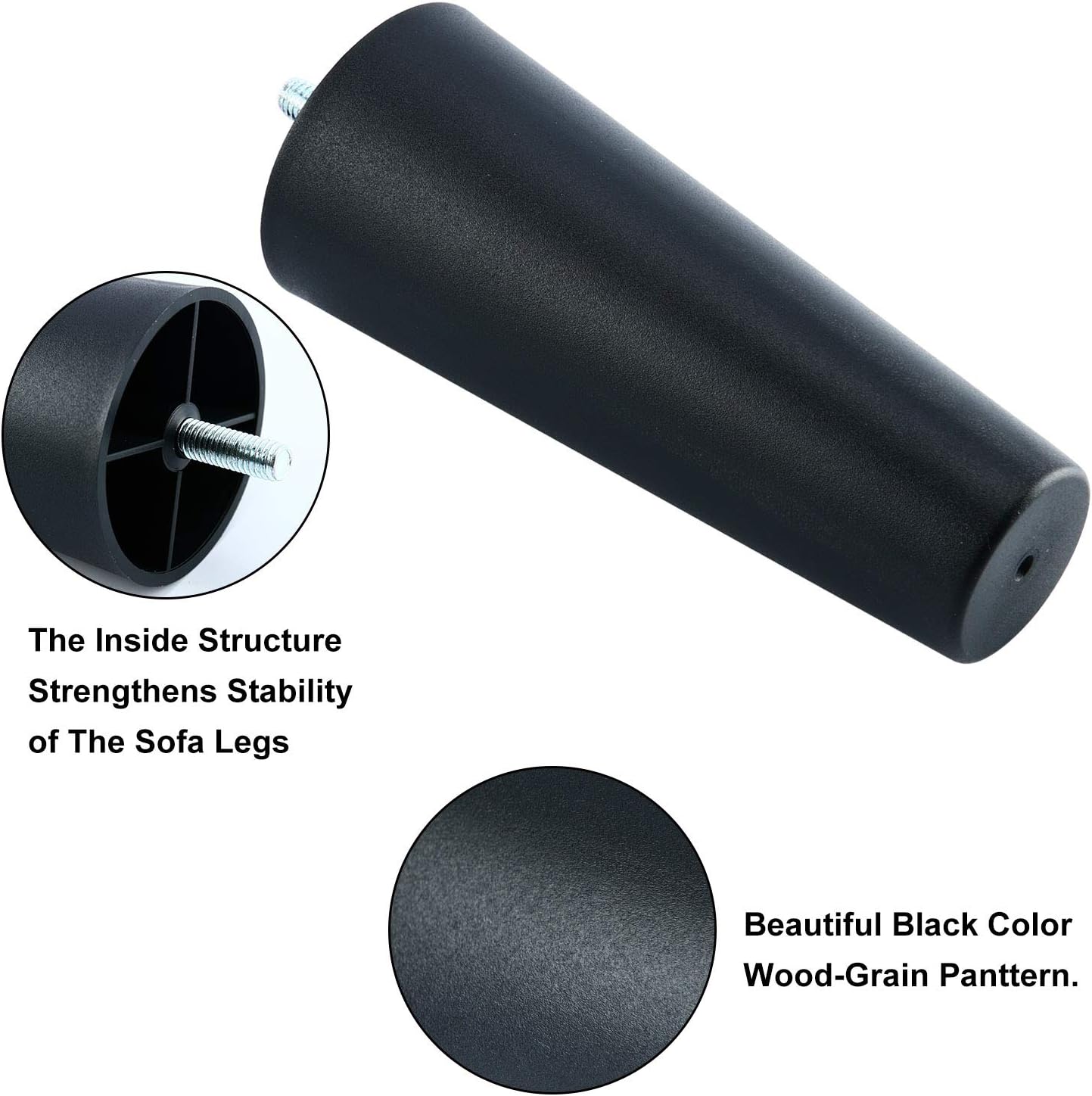 4Pcs Plastic Sofa Legs Round Tapered Replacement Furniture Couch Leg 5.