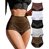 Annenmy Womens Cotton High Waisted Underwear Full Coverage Lace Panties Scalloped Edge Briefs 5 Pack Regular & Plus Size