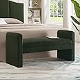 24KF Modern Boucle Teddy Lovely Bench, Upholstered Bed Bench Entryway Bench Ottoman with Armrest -Dark Green