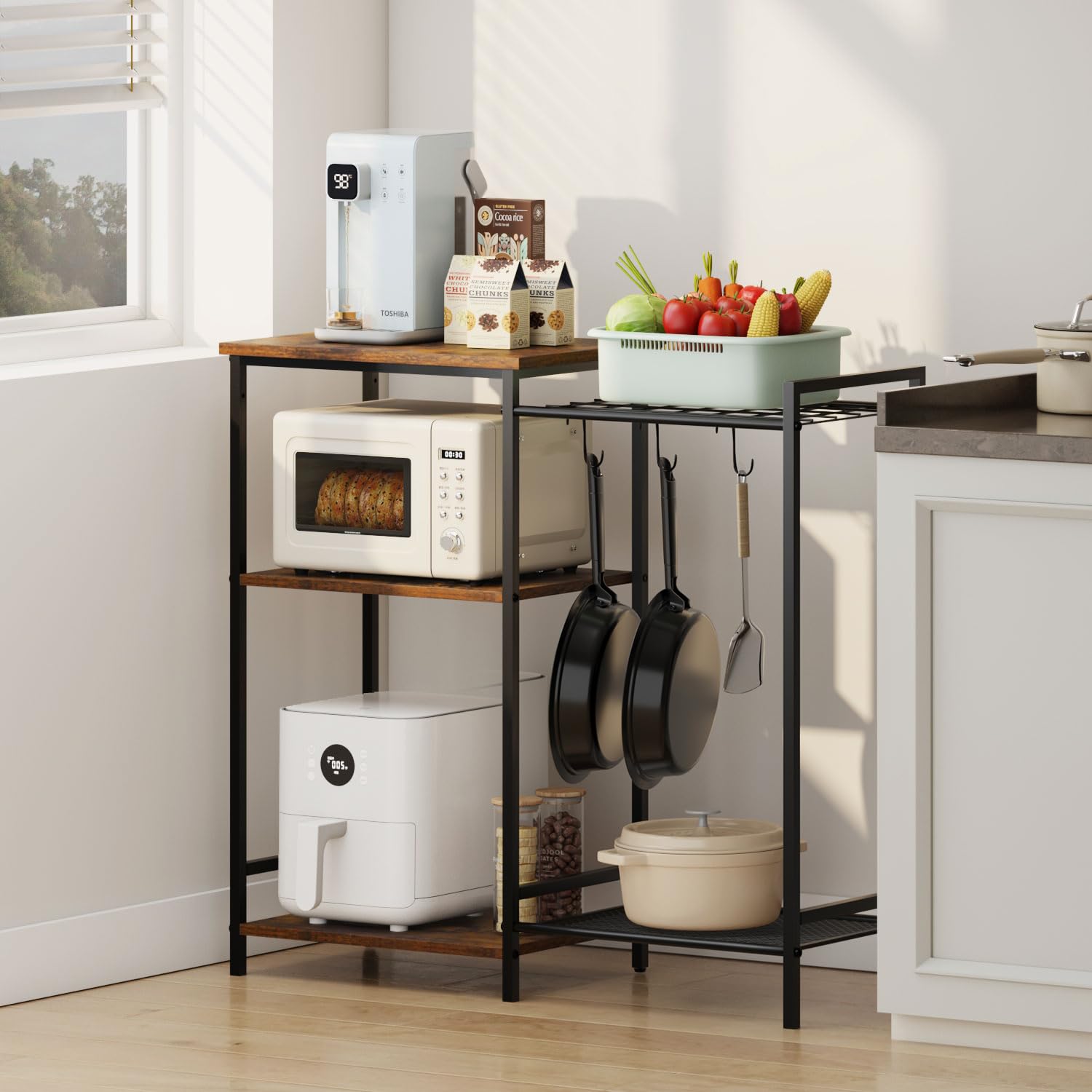 Photo 1 of INHABIT UNION Kitchen Stand with Pots Rack Microwave Oven Stand with Storage, Small Bakers Rack Stand with 3 Hooks, Coffee Bar Table with Storage for Spices,Pots,Utensils,Pans,Foods,Rustic Brown