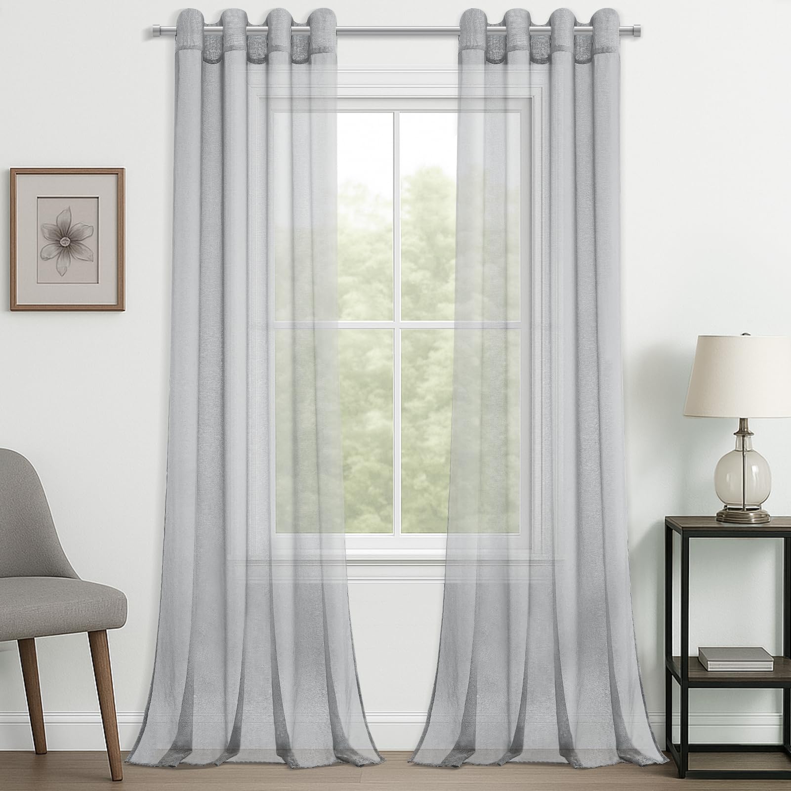 CUTEWIND Voile Ashy Curtains Semi Transparent Curtain Eyelet Panels for Living Room/Balcony/Sliding Door/Bedroom/Windows Modern Grommets Sliver Rings Designful Blinds Drapes,Sets of 2(Grey,55"Wx102"L)