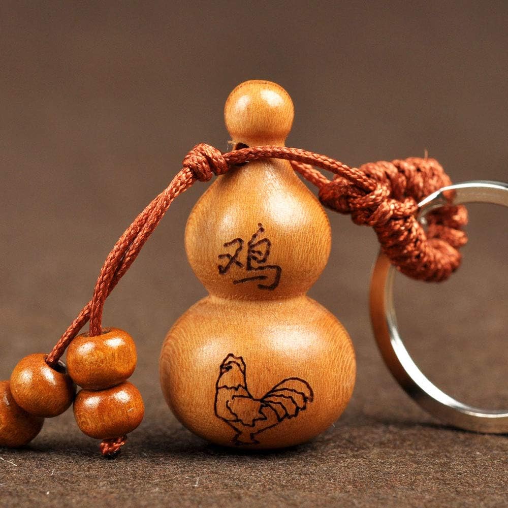 Chinese Feng Shui Wooden Gourd keychain Zodiac Chicken Pendant and Red Rope Bracelet