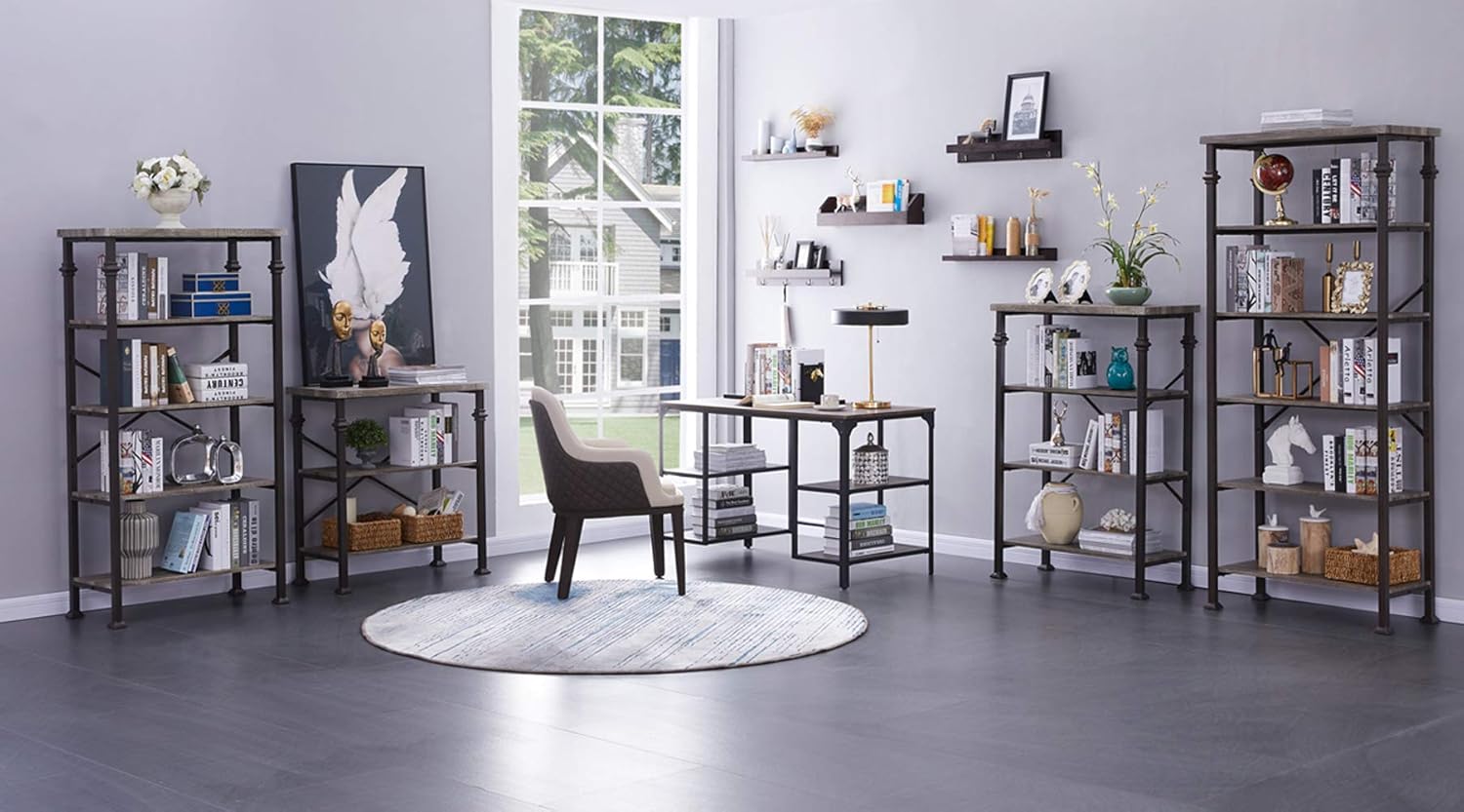 Hombazaar 4-Tier Industrial Bookcases, Vintage Open Etagere Bookshelf, Multi-Functional Shelf Units for Collection, Grey Oak: Furniture & Decor