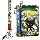 Hancynir Black Cat Floral Slim Wallet Women Credit Card Holder Small Cute RFID Blocking Front Pocket Wallet Wristlet Keychain Lanyard Card Case Thin Travel Zipper Coin PU Leather Ladies Female Gifts