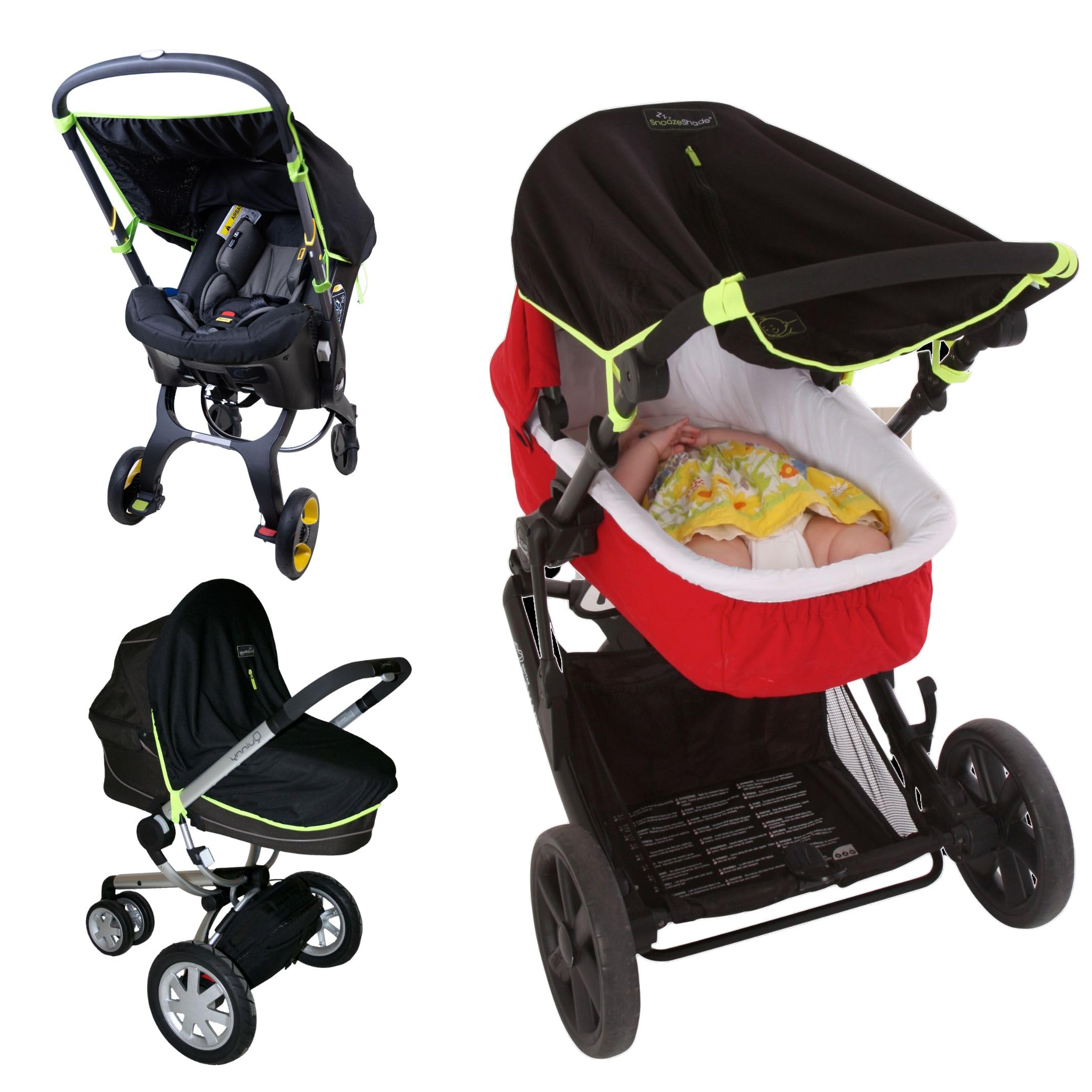 SnoozeShade Original (0-6m) Universal Baby Pram Sun Shade, carrycot and Buggy Sun Shade and Canopy Pram Sun Cover Blocks 99% of UV Pushchair Blackout Blind Helps Baby nap Safety Green Trim