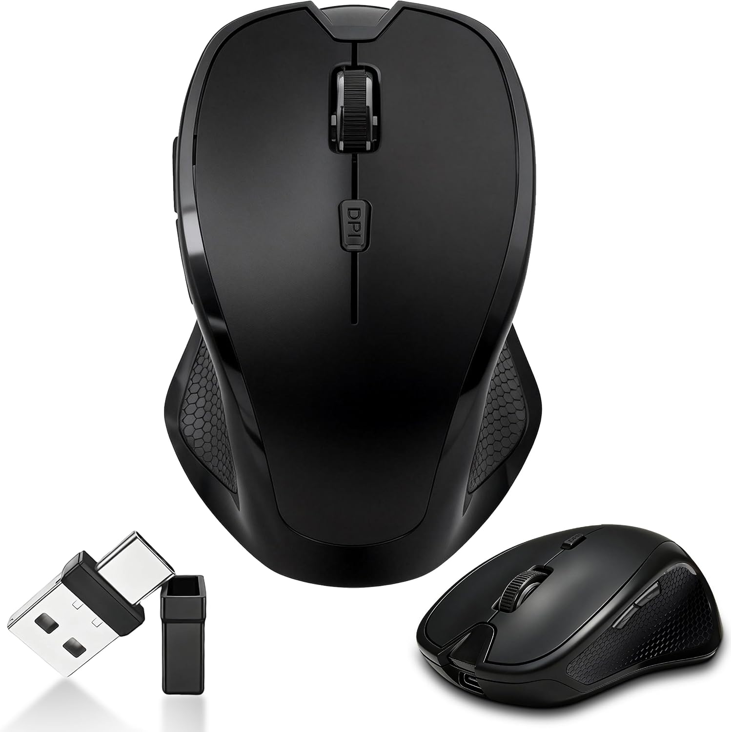 Kenvala Wireless Bluetooth Mouse for Mac & iPad, Ergonomic Rechargeable Mouse with Built-in Jiggler Mode, Dual USB-C & USB-A Receiver, Quiet Optical Mouse for Laptop, Desktop & Tablet – Black
