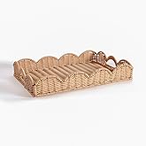 Scalloped Imitation Rattan Tray Basket,17"*13" Super Hard Rectangle Hand Woven Wicker Serving Trays with Handles, Seagrass Decoratve Trays for Coffee Table (Plastic-Apricot)