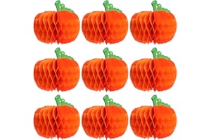 Droutti, 9 Packs Paper Pumpkin Honeycomb Halloween Honeycomb Tissue Paper 3D Pumpkin Honeycomb Ball 10 Inch Hanging Pumpkin Decoration for Halloween Thanksgiving Party (Green Leaf)