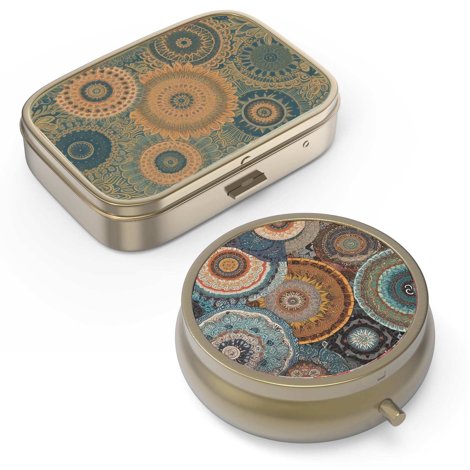 Photo 1 of Pill Organizer Pill Box with Mirror Retro Small Pill Case for Purse or Pocket Bronze Pill Box or Vitamins, Fish Oil, Supplements, Pill Containe Travel Gifts?2PCS-Retro Mandala?