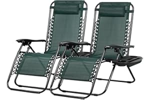 Nazhura Set of 2 Relaxing Recliners Patio Chairs Adjustable Steel Mesh Zero Gravity Lounge Chair Beach Chairs with Pillow and Cup Holder (Dark Green)