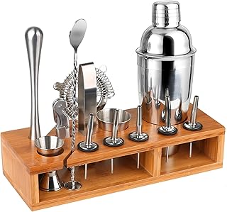 Hossejoy Hochwertiges Cocktailshaker Set,14 Teilig, mit Bambus-Aufbewahrung, inkl. Cocktail-Shaker, Doppeljigger, Messbecher, Bar Stößel, Bar Löffel, Ausgießer, Eiszange, Öffner, Hawthowe Strainer