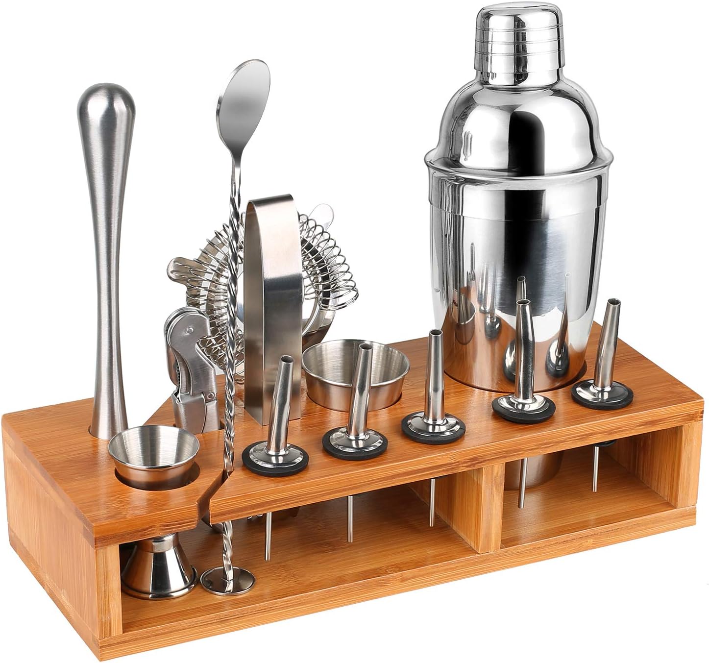 Premium Cocktail Shaker Bartender Kit - 13 Piece Bar Tool Set with Stylish Bamboo Stand, Include Bartender's Professional Shaker, Strainer, Jigger, Liquor Pourers and More