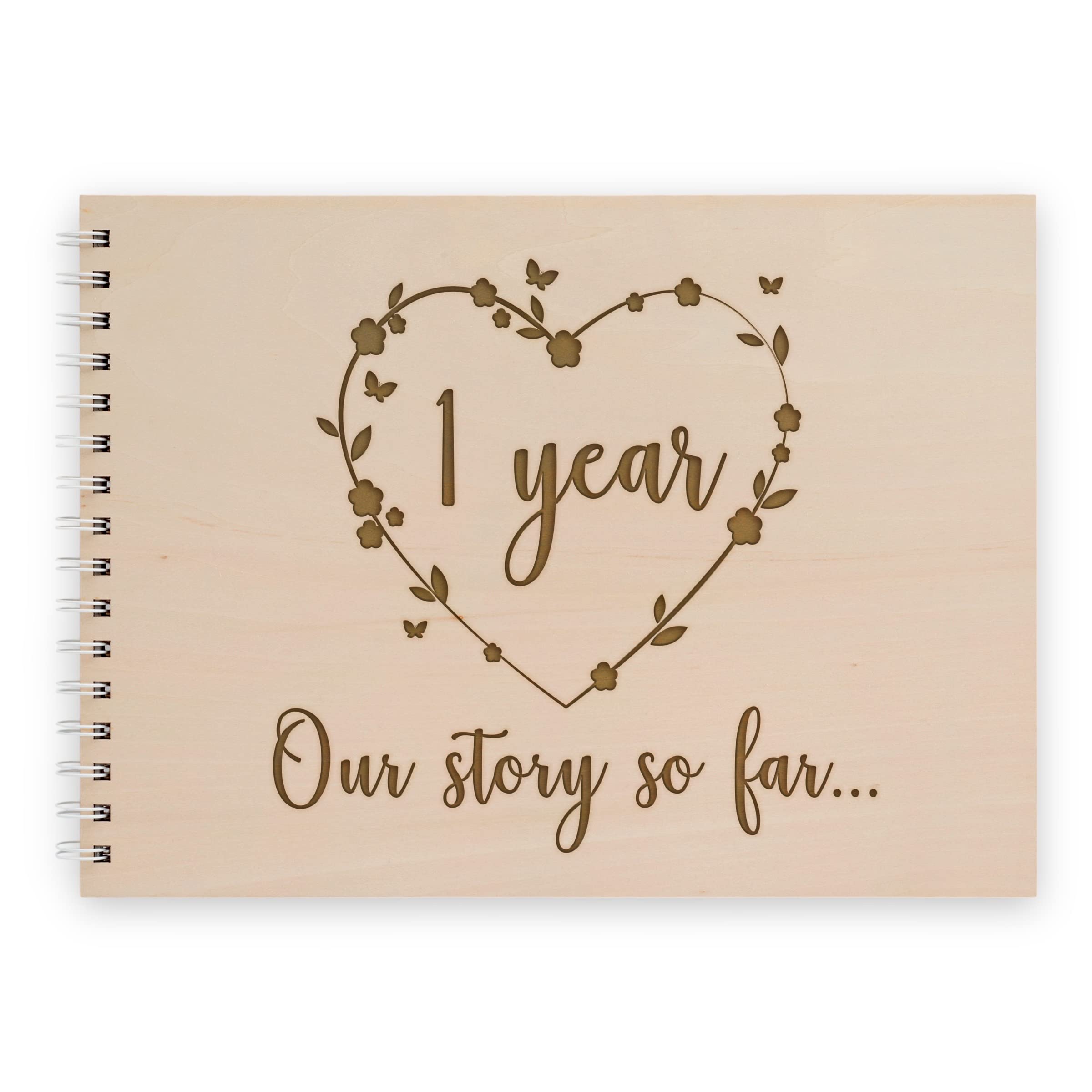Wooden Engraved Scrapbook A4 (33 x 22 cm) - 1 Year 'Our Story So Far' Memory Book - 1st Paper Anniversary Keepsake for Boyfriend, Girlfriend, Him, Her, Couples - 40 Page Photo Album