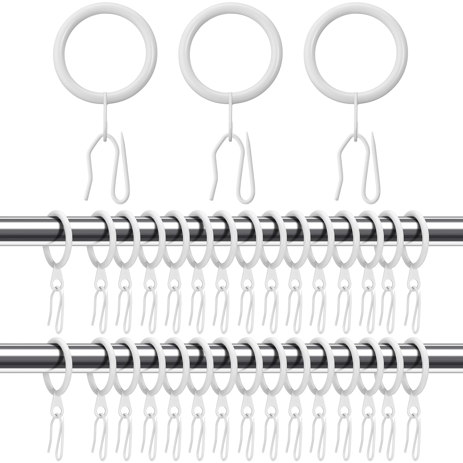 Photo 1 of Hotop 30 Pcs Metal Drapery Curtain Rings 0.98/1.26/1.65 inch Interior Diameter and 30 Pcs Hanging Curtain Drapery Pin Hooks for Window Door Shower(25 mm,White)