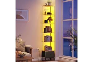 AFLUI 6-Tier Corner Shelf with LED Light & Fabric Drawer, 75" Tall Corner Bookshelf for Small Space, Narrow Book Shelf for Co