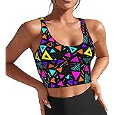 FeHuew Geometric Sports Bras for Women - Built in Bra Tank Tops Longline Wirefree Workout Running Bra with Removable Pads, Medium