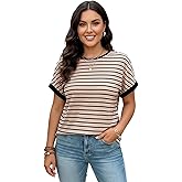 winkbay Women's Plus Size Striped T Shirts Summer Crew Neck Short Sleeve Dressy Casual Office Tops