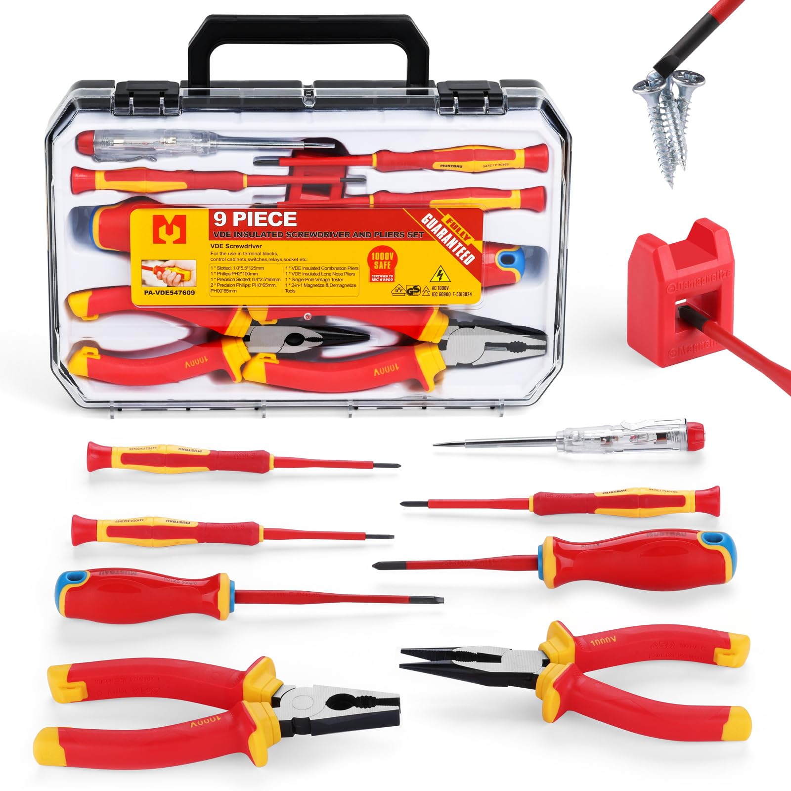Mustbau 9pcs Screwdriver Set,1000V VDE Insulated Electrical Tools,Precision Slotted,Phillips Screwdriver Kit, Magnetic tip,with 2-in-1 Magnetizer,Ideal for Electrical,Home and DIY