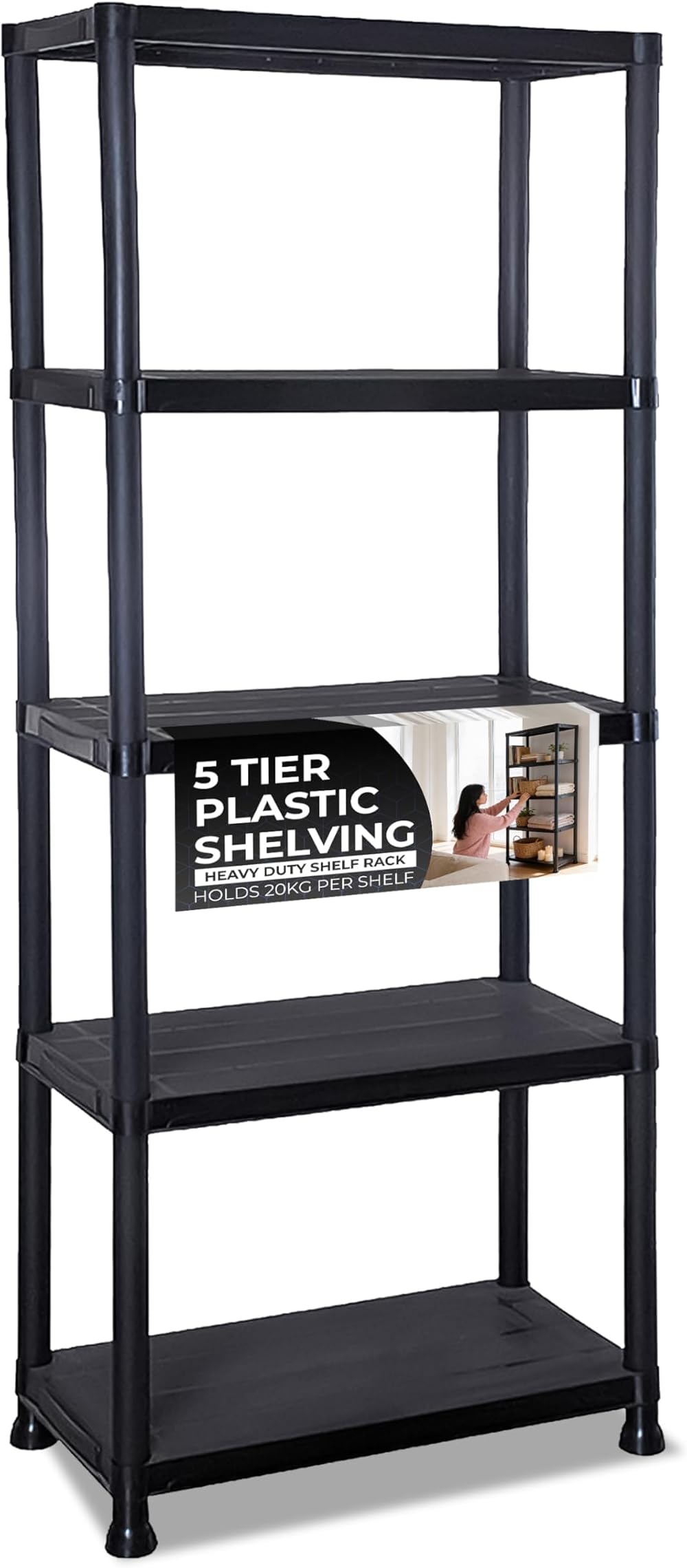 Crystals 5 Tier Plastic Shelving Unit Black 60x30x173cm Garage Storage